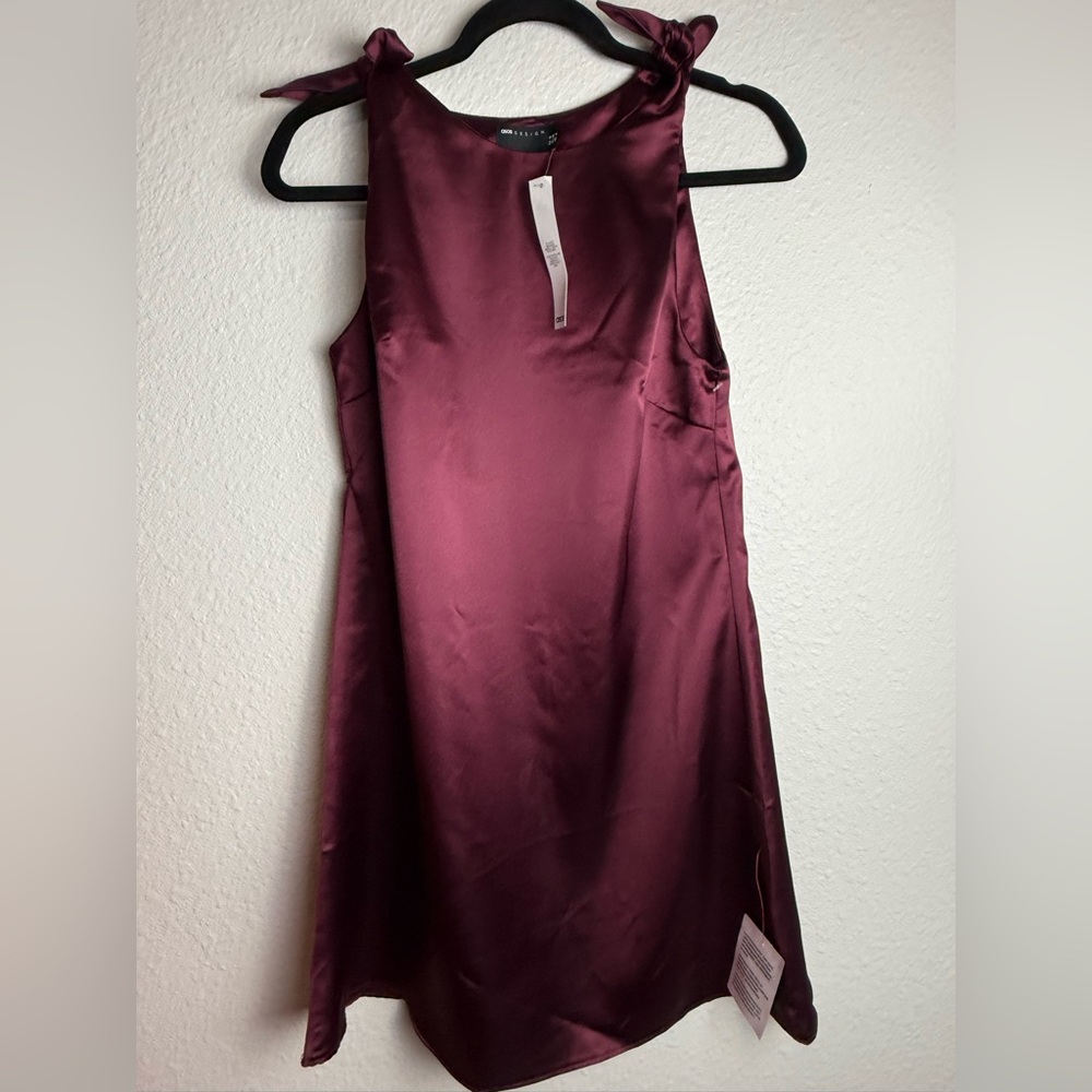 ASOS Elegant Burgundy Sleeveless satin mini with shoulder bows Dress Size 6 - Picture 2 of 10